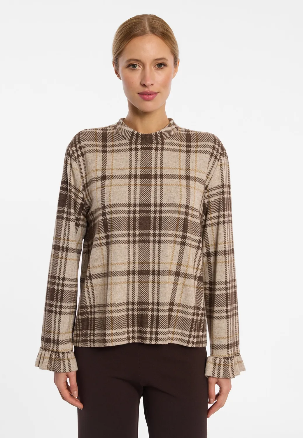 Ana Alcazar Encory top scozzese beige con rouche