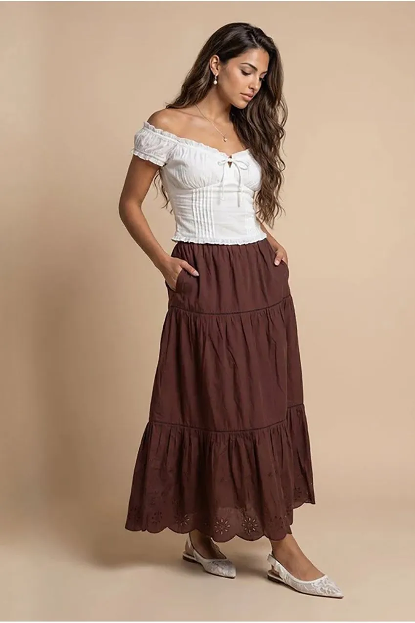 Urban Bliss Broderie Trim gonna maxi cioccolato leggera traforata