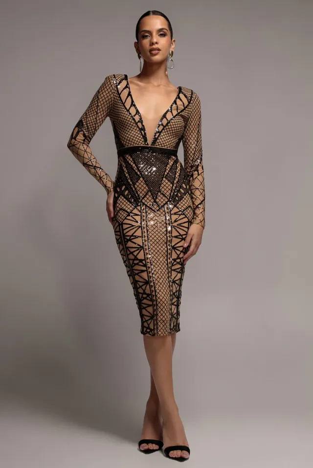 Goddiva DR4081 abito midi nero paillettes scollo profondo