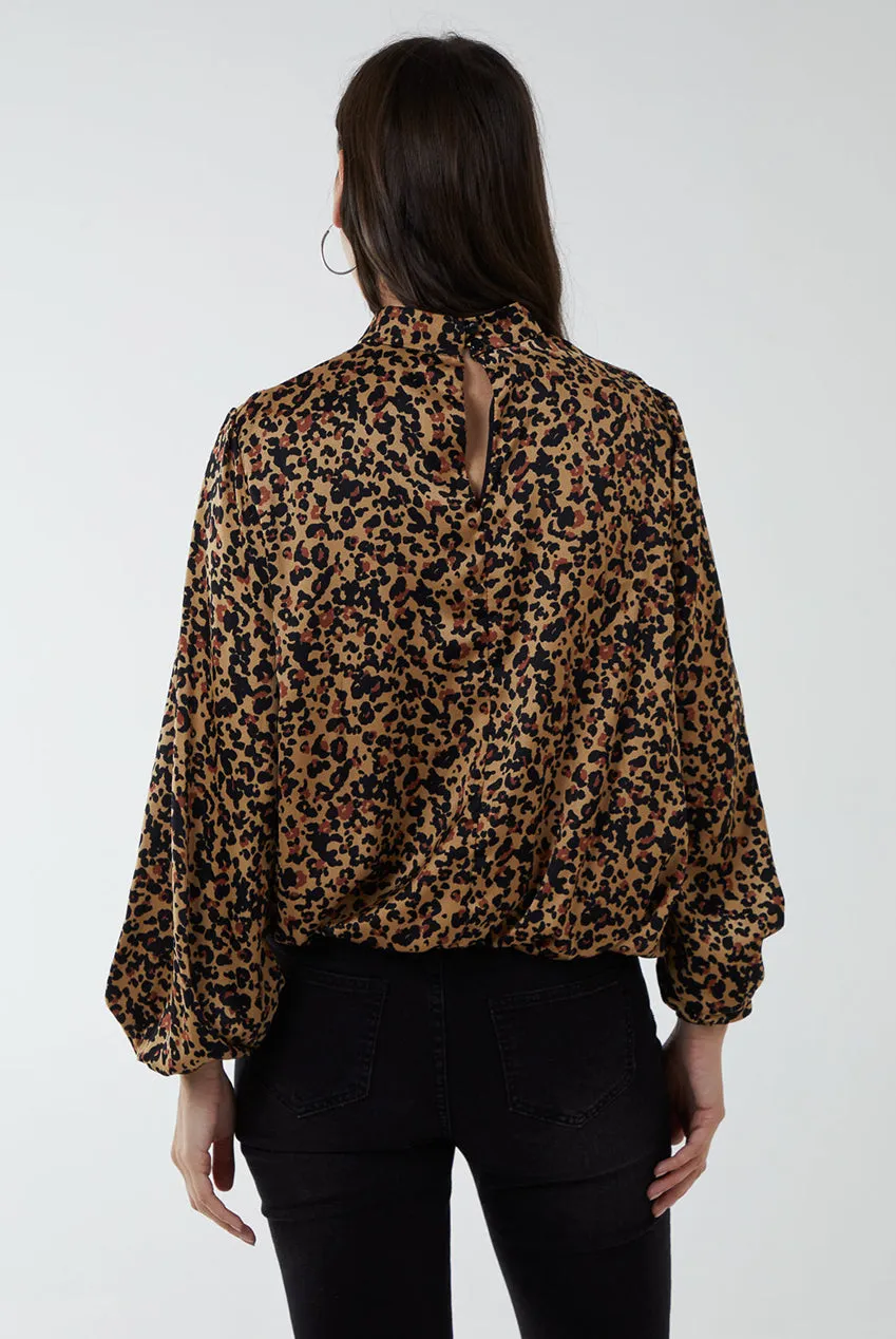 Blue Vanilla top marrone leopardato satin collo alto