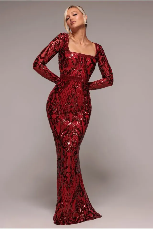 Goddiva DR4124 Maxi Abito Rosso Paillettes Scollo Quadrato