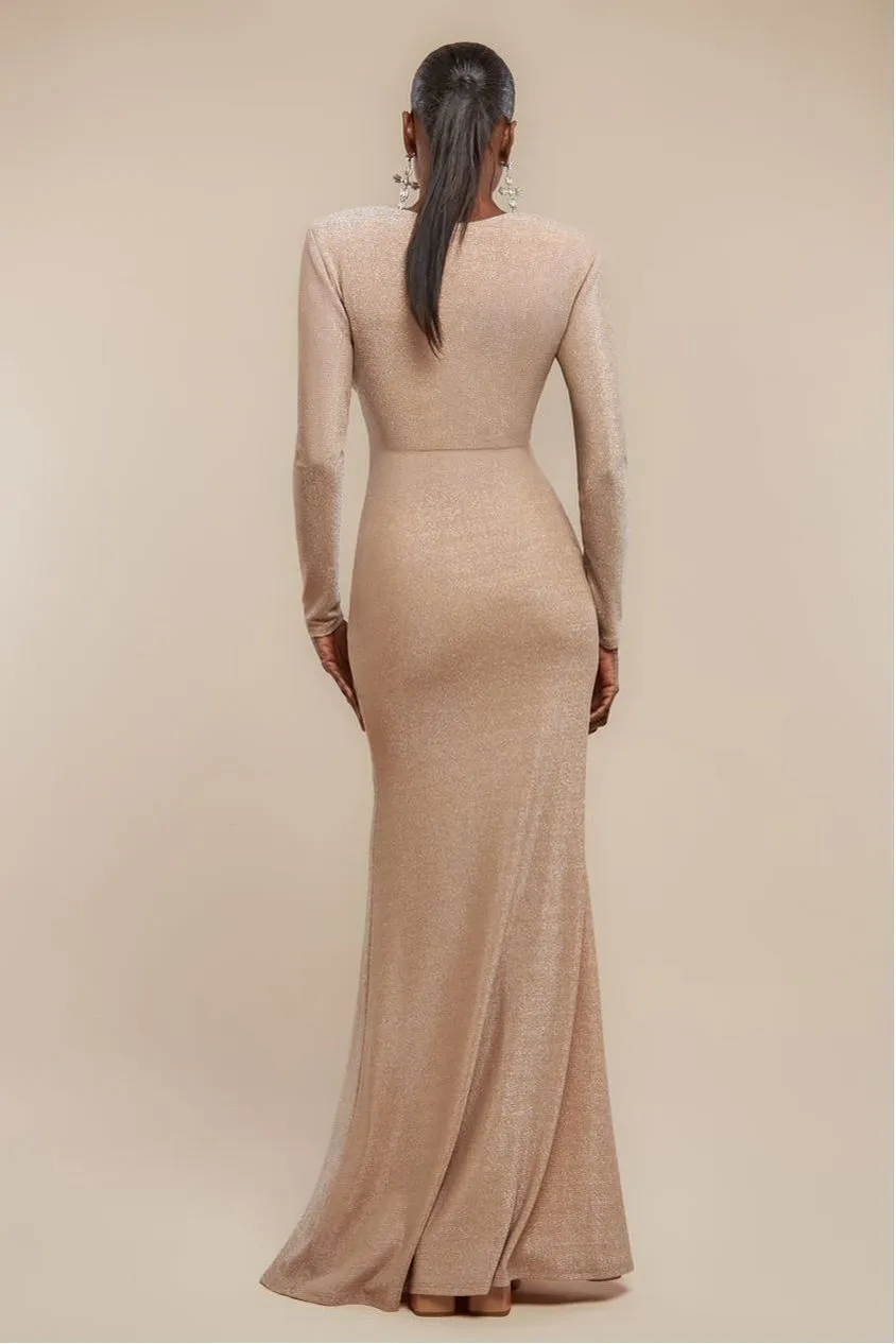 Goddiva Lurex Bodycon abito maxi nude scollo a V
