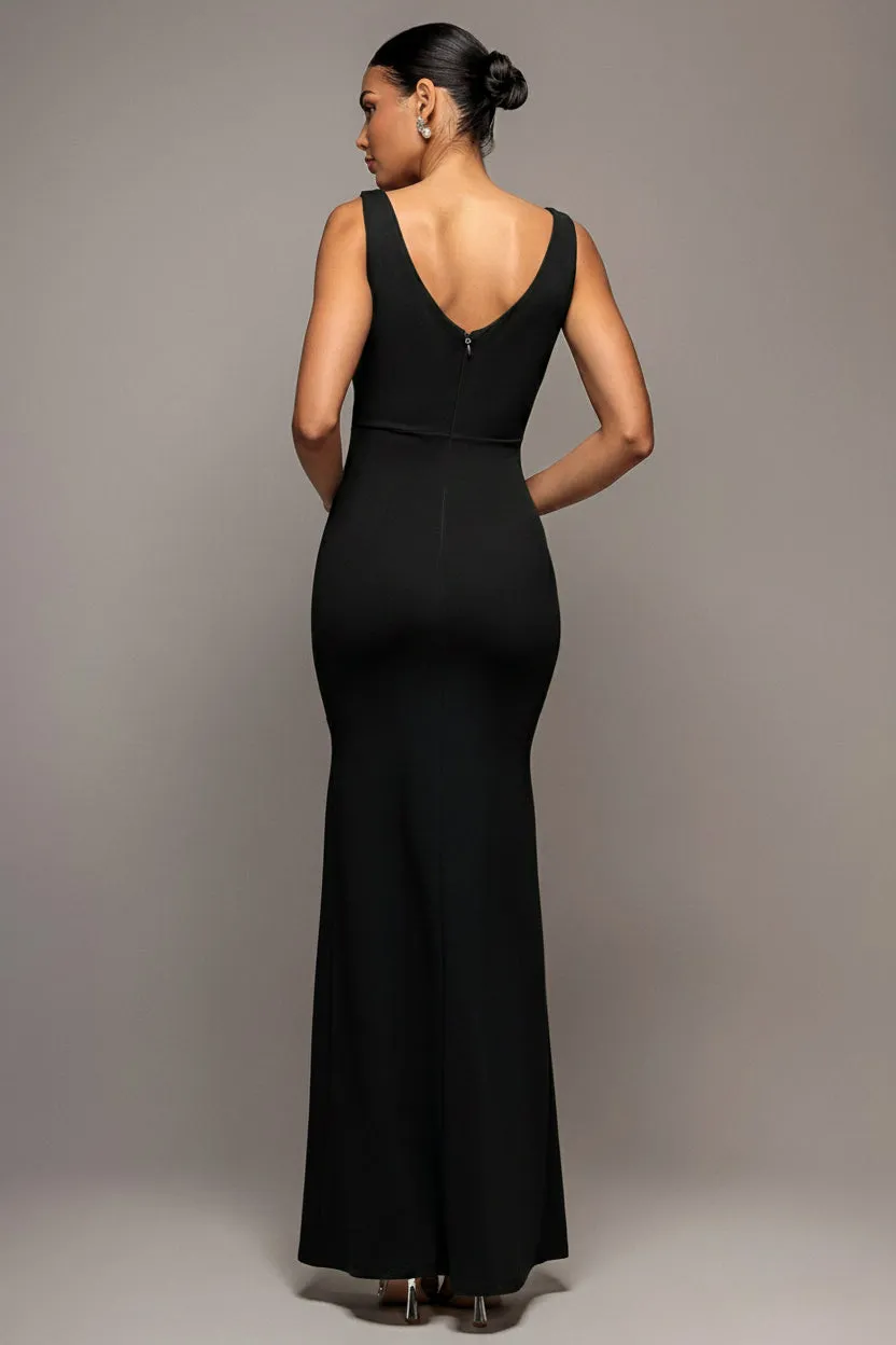 Goddiva Diamante Brooch abito sirena nero spacco maxi