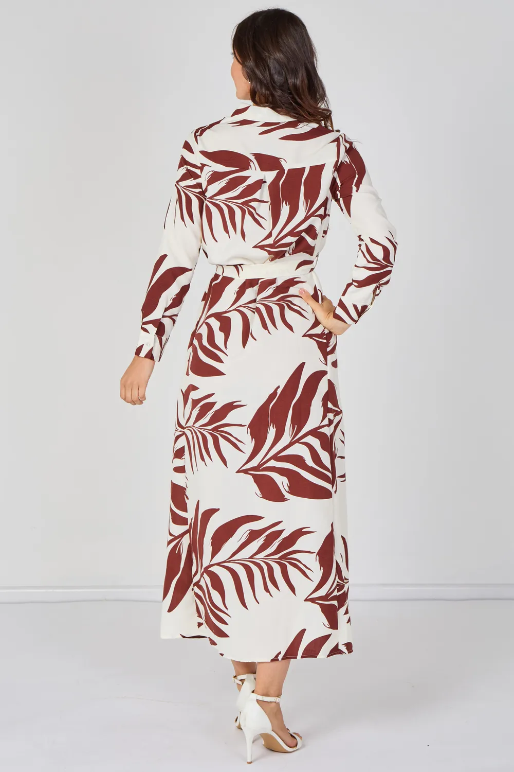 Love Sunshine Rust Palm Print abito camicia maxi vino cintura