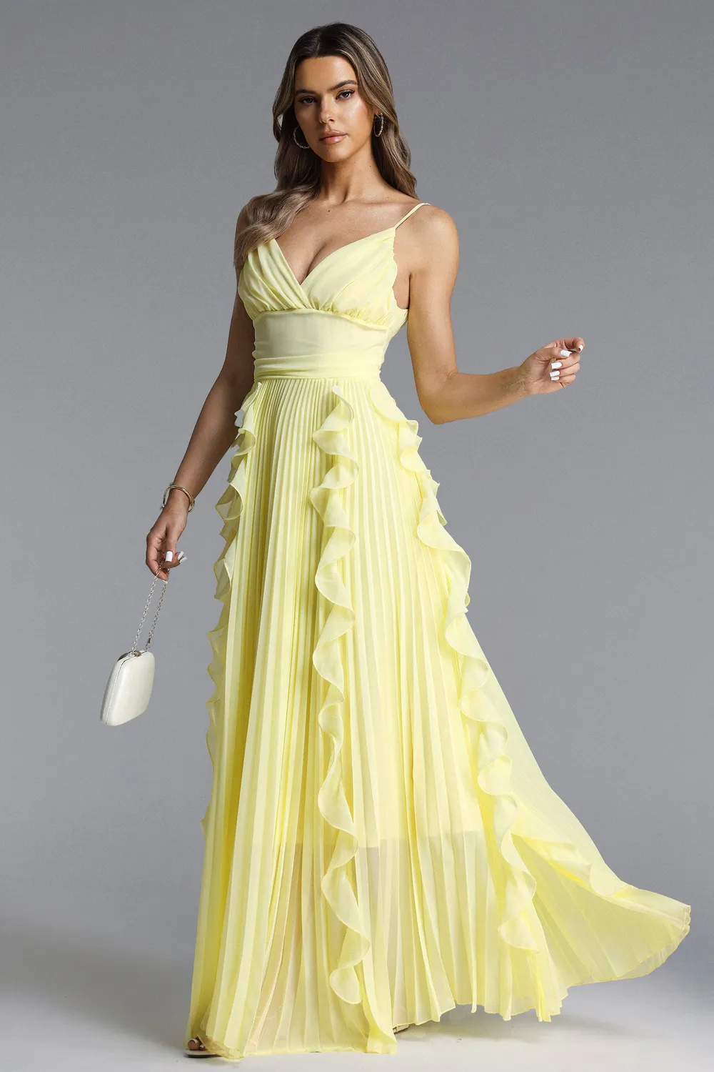 Bella Barnett Viky abito maxi giallo plissettato balze