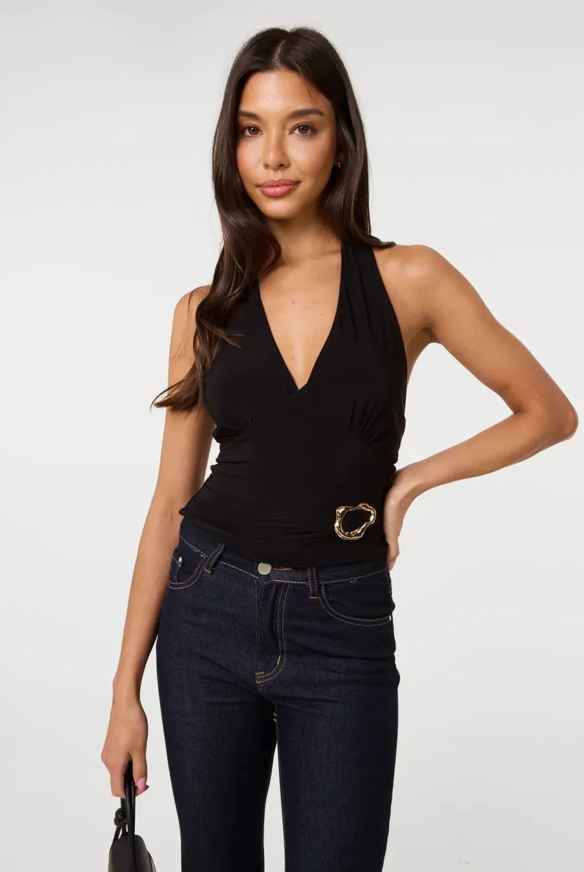 Pink Vanilla Slinky Gold Buckle Top Halter Nero elasticizzato