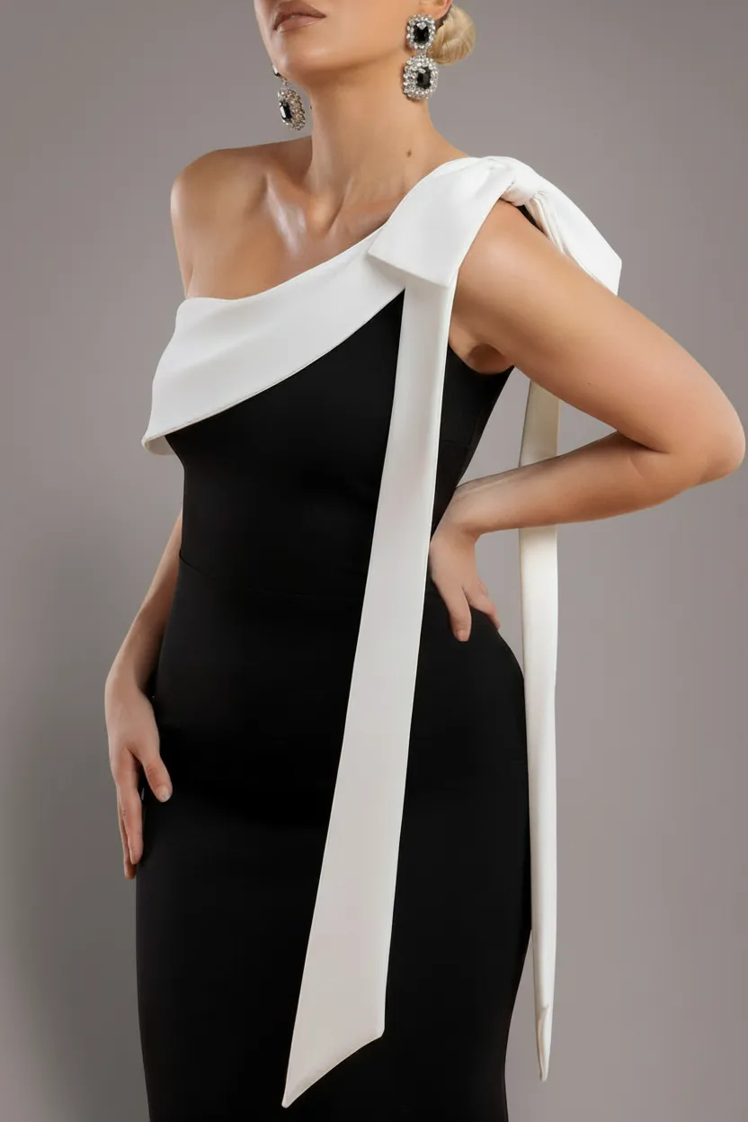 Goddiva One Shoulder abito maxi nero fiocco crema