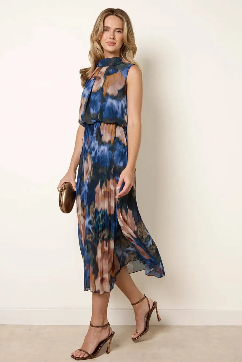 Blue Vanilla Cowl Neck Pleat abito midi blu navy