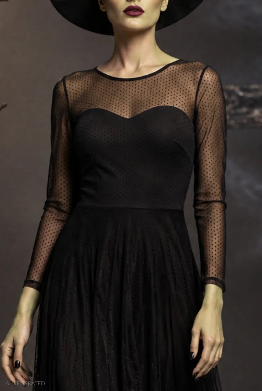 Goddiva Elphaba abito lungo nero maniche lunghe scollo cuore