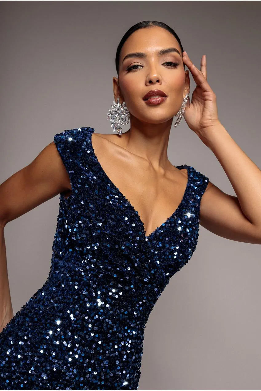 Goddiva Bardot abito midi blu velluto paillettes bodycon