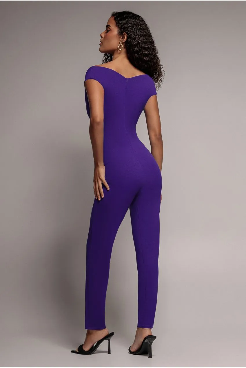 Goddiva Scuba tuta viola monospalla scollo bardot