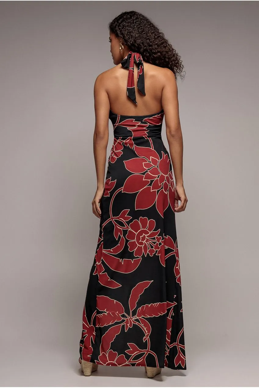 Goddiva Crossover abito maxi stampa nera halter