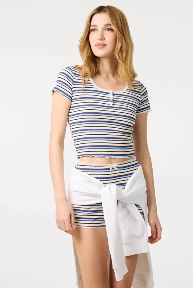 Pink Vanilla Stripe Lace Trim top righe multicolor S/M cotone
