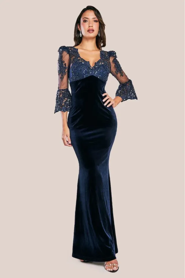 Goddiva Scalloped Lace Velvet DR3972 abito lungo blu navy pizzo
