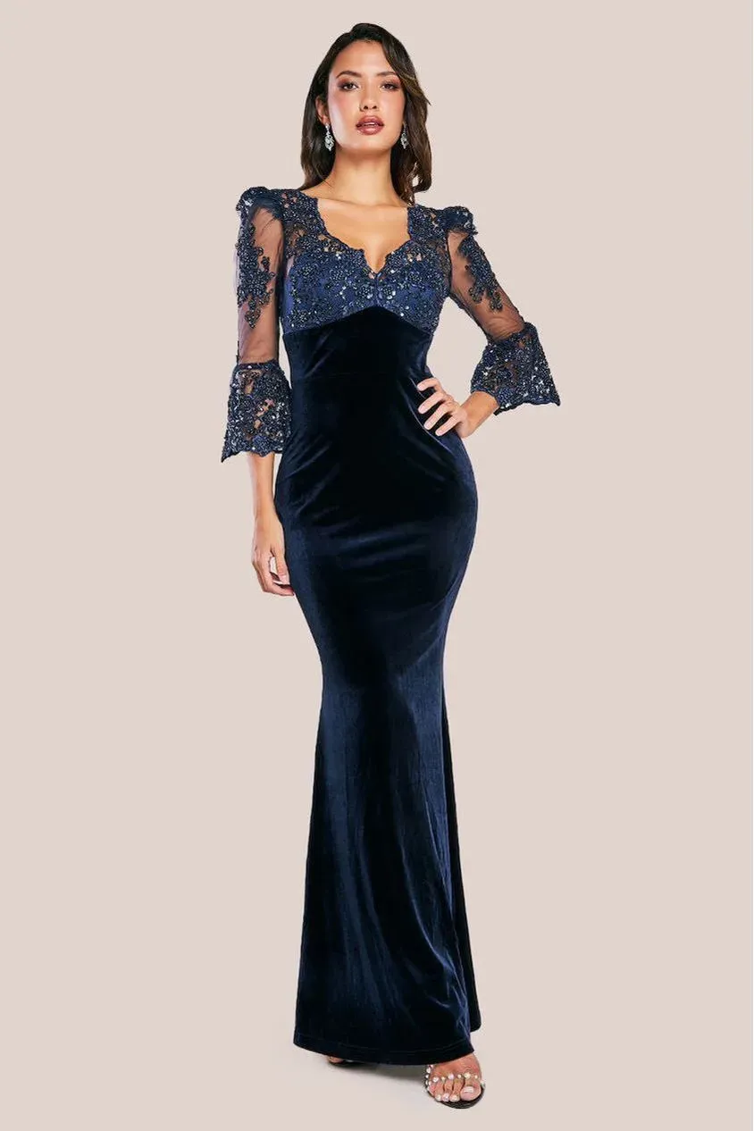 Goddiva Scalloped Lace Velvet DR3972 abito lungo blu navy pizzo