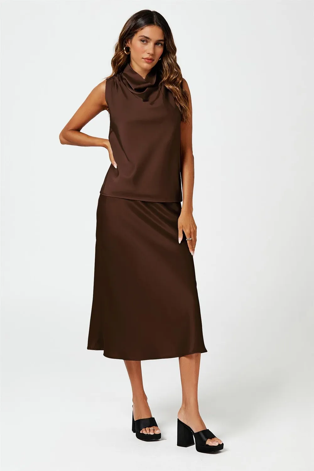 FS Collection FS21180 gonna midi satin marrone vita alta
