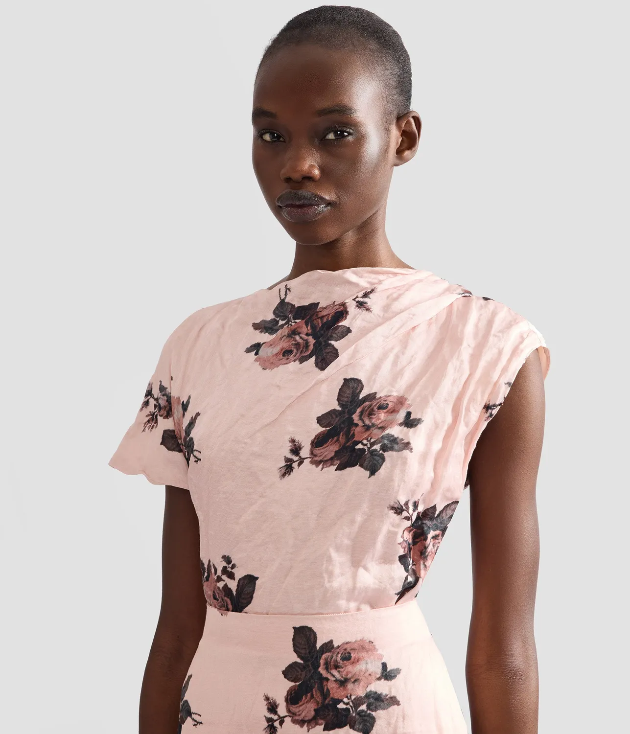 Erdem Floral Crushed Satin Short Sleeve Draped Top top raso