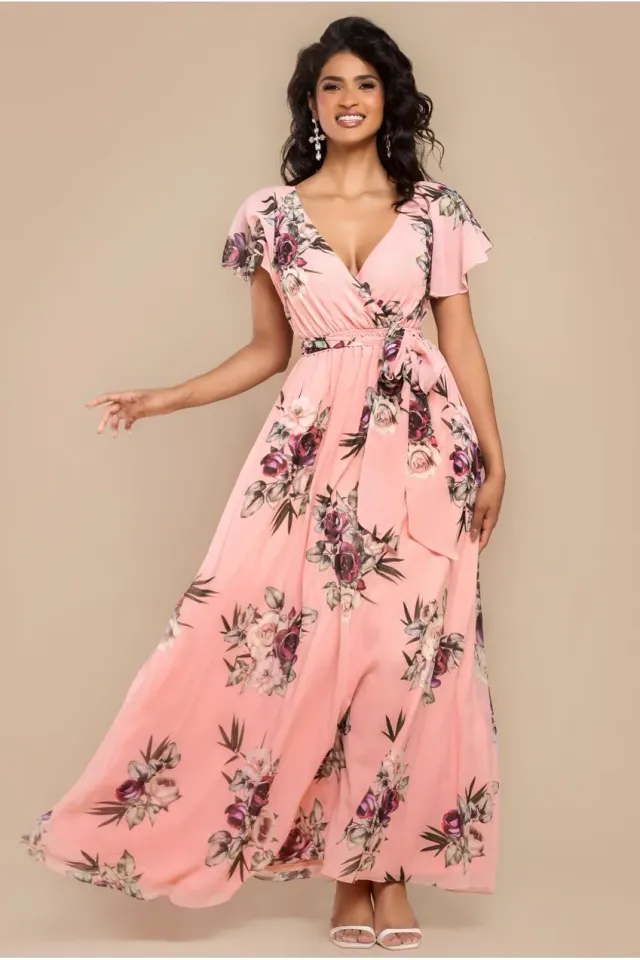 Goddiva abito maxi fantasia floreale pesca