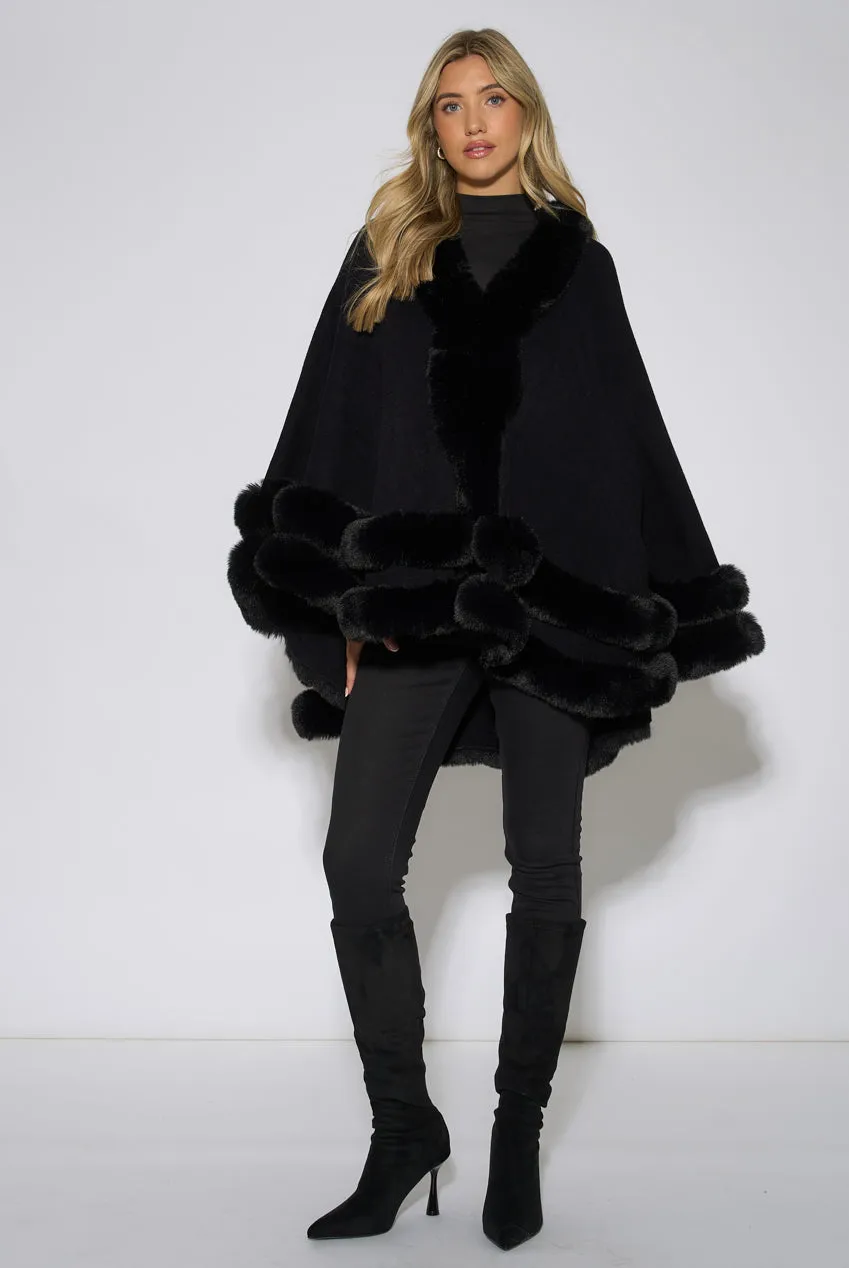 Gini London Double Layer Fur Trim mantella nera elegante