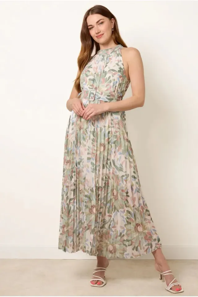 Blue Vanilla Printed Pleated abito midi salvia con cintura