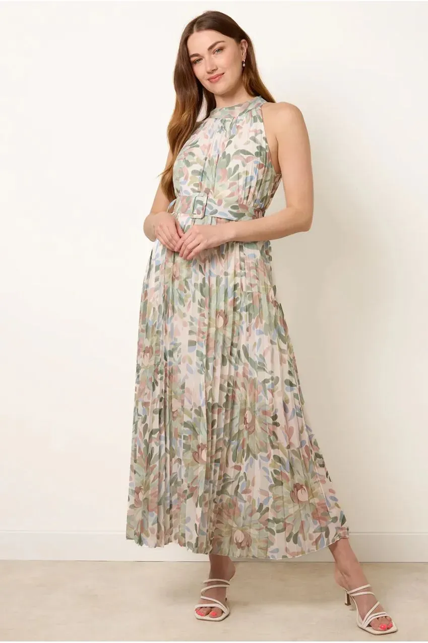 Blue Vanilla Printed Pleated abito midi salvia con cintura