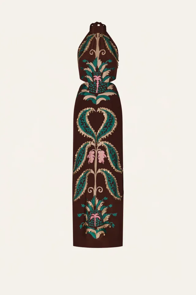 Johanna Ortiz Promised Land abito seta cioccolato verde