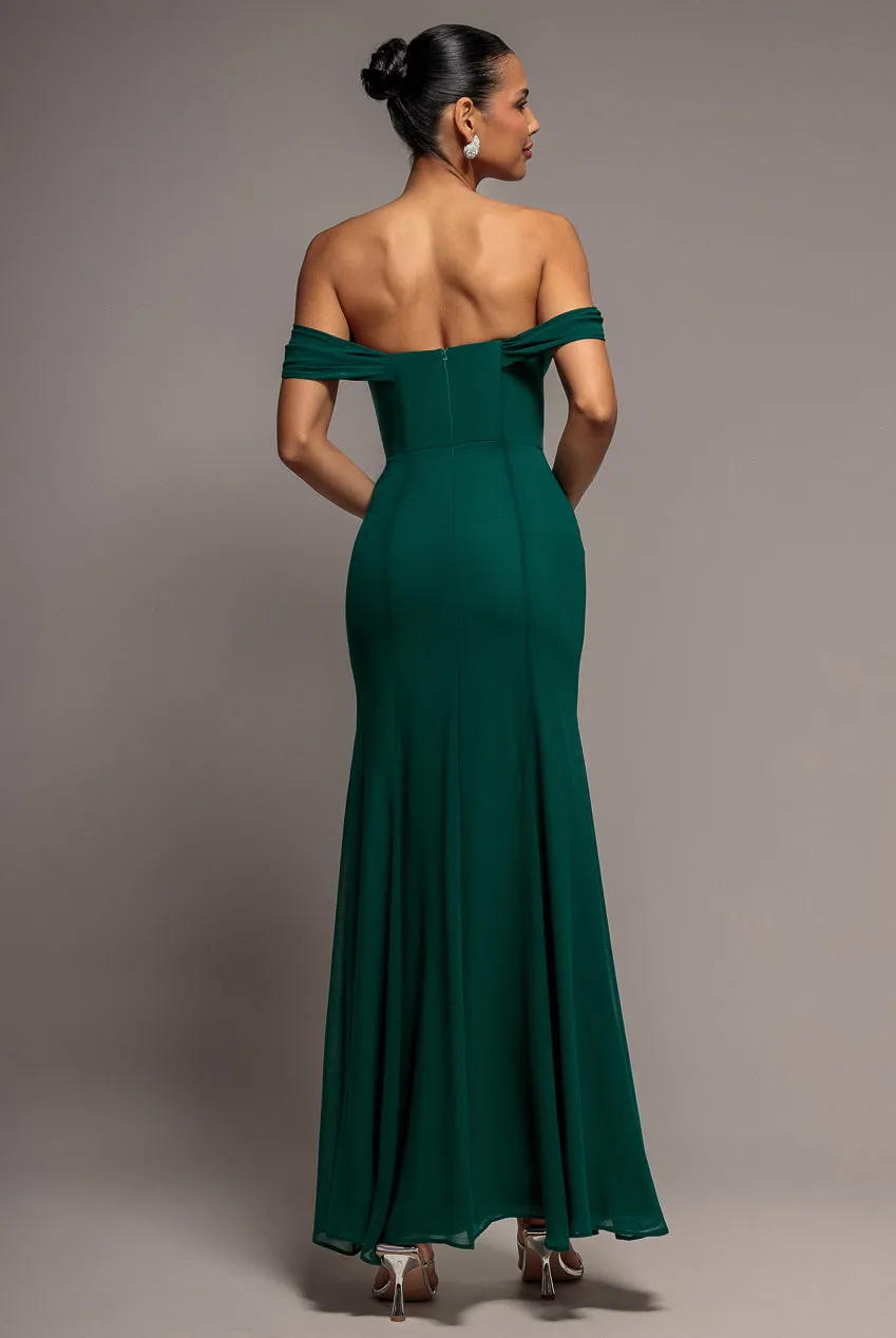 Goddiva Bardot Cowl Neck abito maxi verde chiffon
