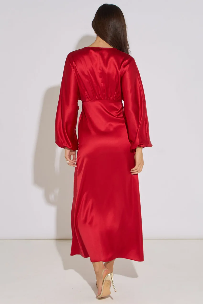 Gini London Red V Neck Batwing abito midaxi raso rosso