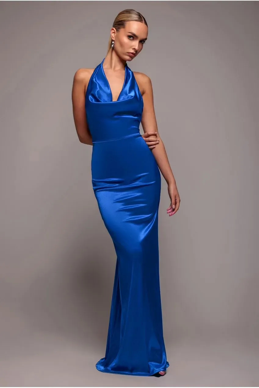 Goddiva Abito Lungo Blu Royal halter scollo cappuccio
