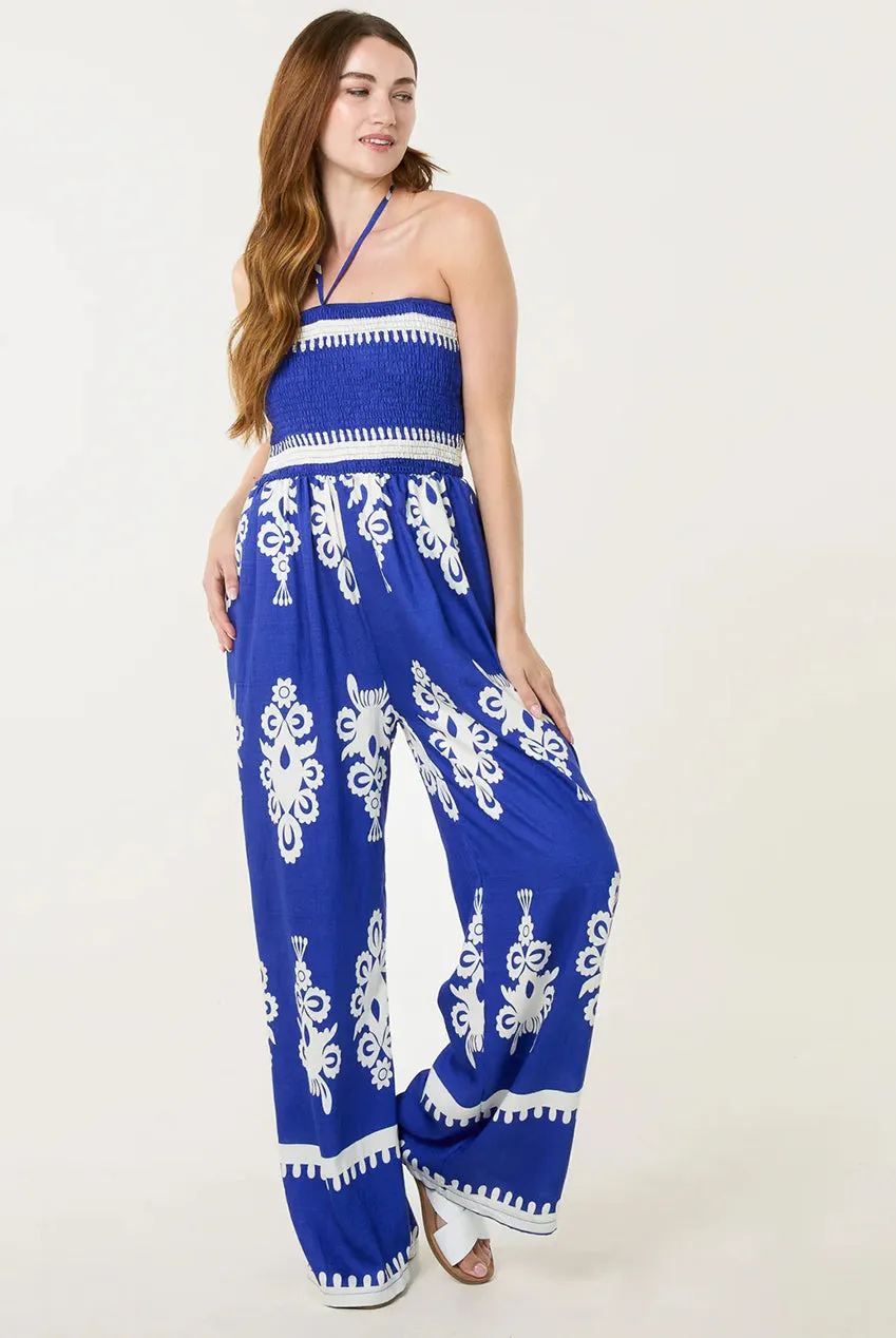 Blue Vanilla tuta jumpsuit blu halter gamba larga S/M