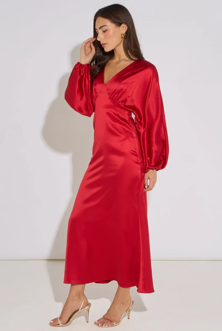 Gini London Red V Neck Batwing abito midaxi raso rosso