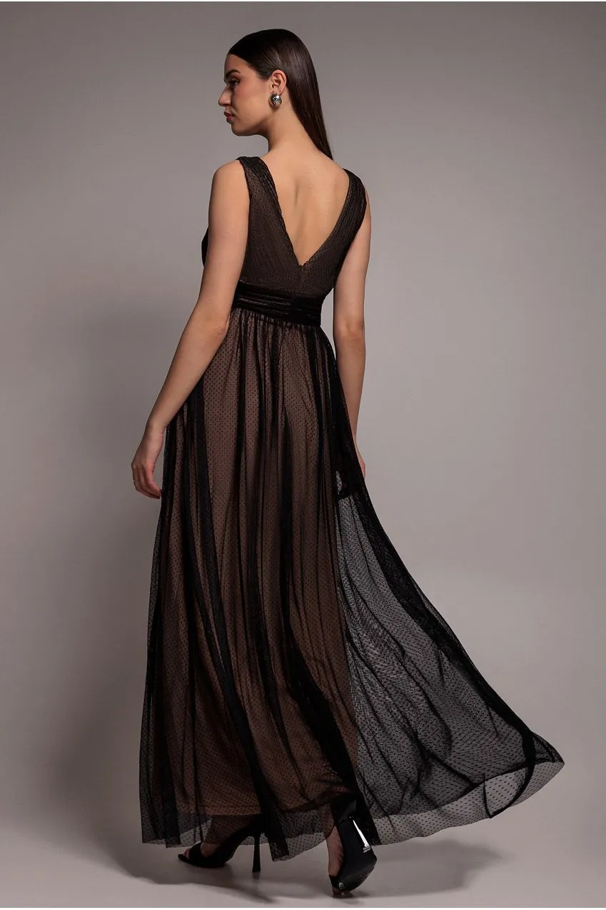 Goddiva Pleated Dobby Mesh abito maxi nero corsage