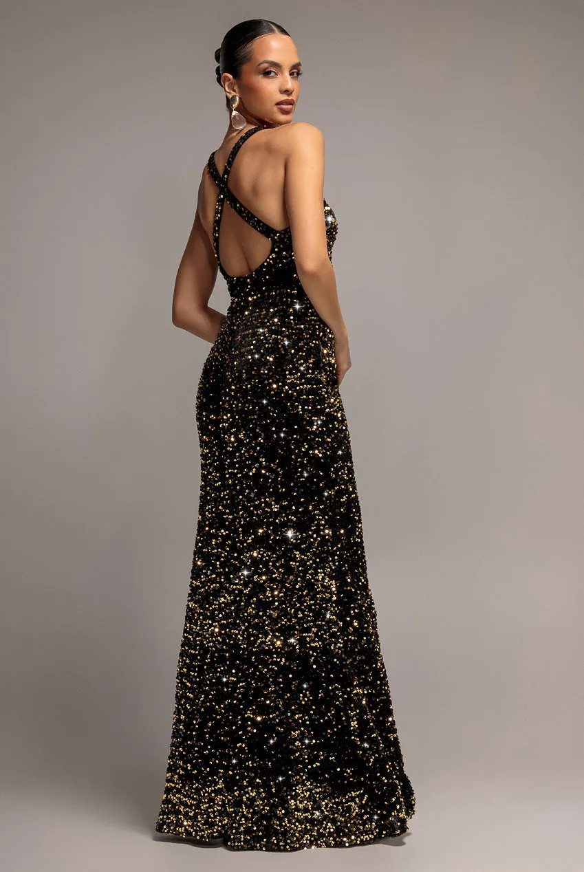 Goddiva Maxi Abito Oro Velluto Paillettes Scollo V
