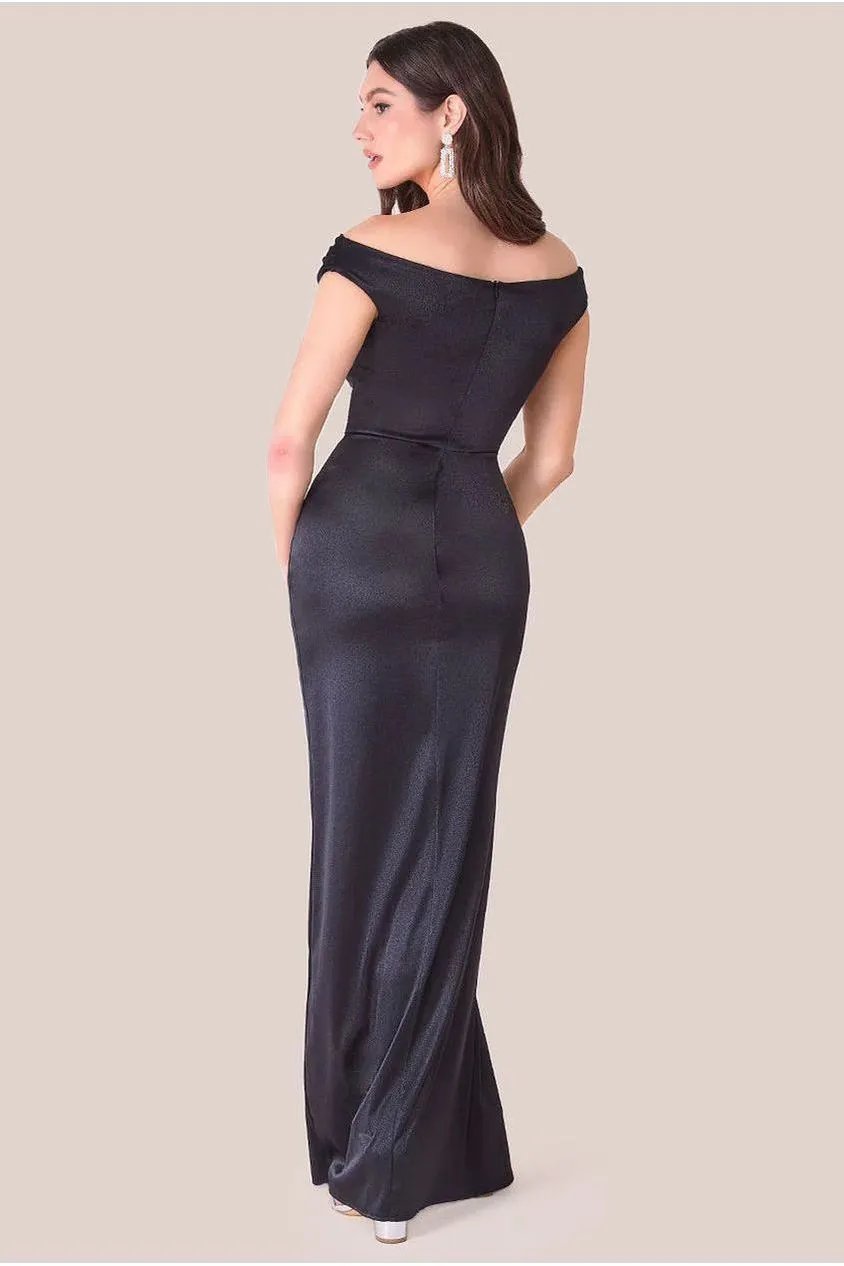 Goddiva Cowl Bardot abito maxi raso nero DR4010