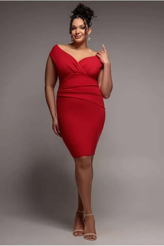 Goddiva Plus Bardot Abito Rosso 20 midi plissettato scuba