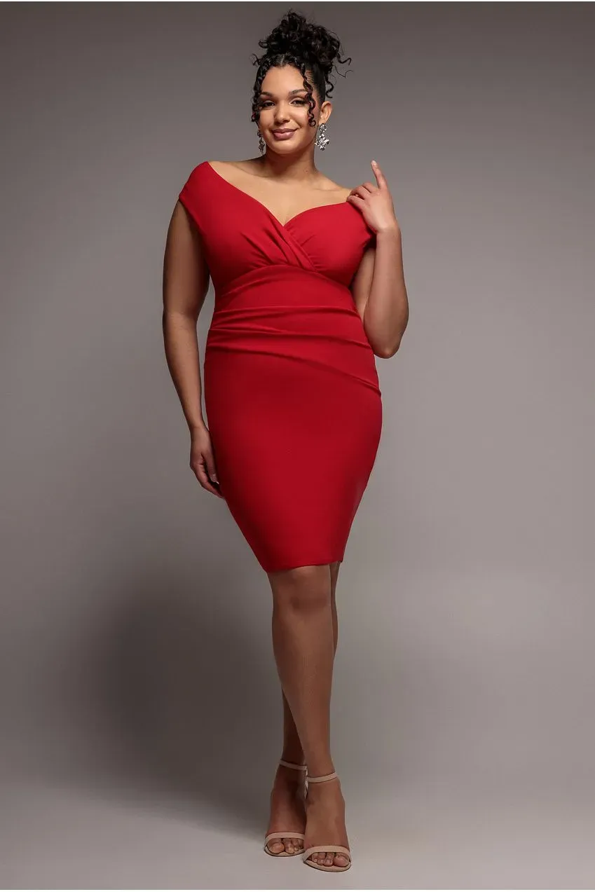 Goddiva Plus Bardot Abito Rosso 20 midi plissettato scuba