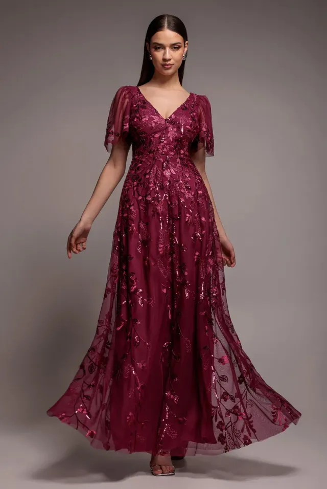 Goddiva DR3279 abito maxi ricamato magenta maniche a volant