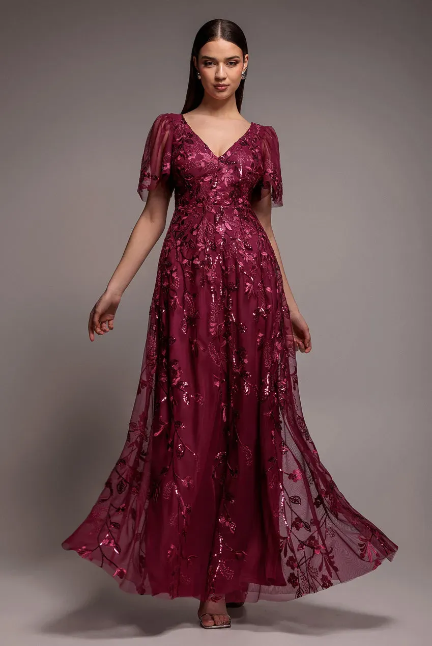 Goddiva DR3279 abito maxi ricamato magenta maniche a volant