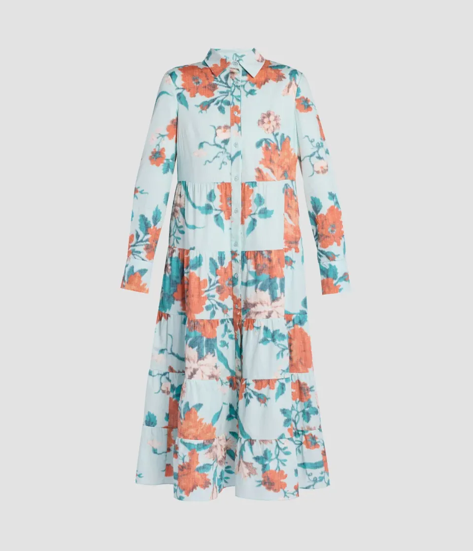 Erdem Floral Print abito camicia midi cotone blu papaveri