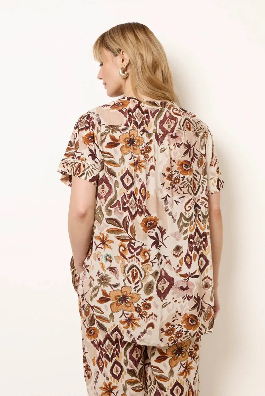 Blue Vanilla Paisley V Neck camicia marrone