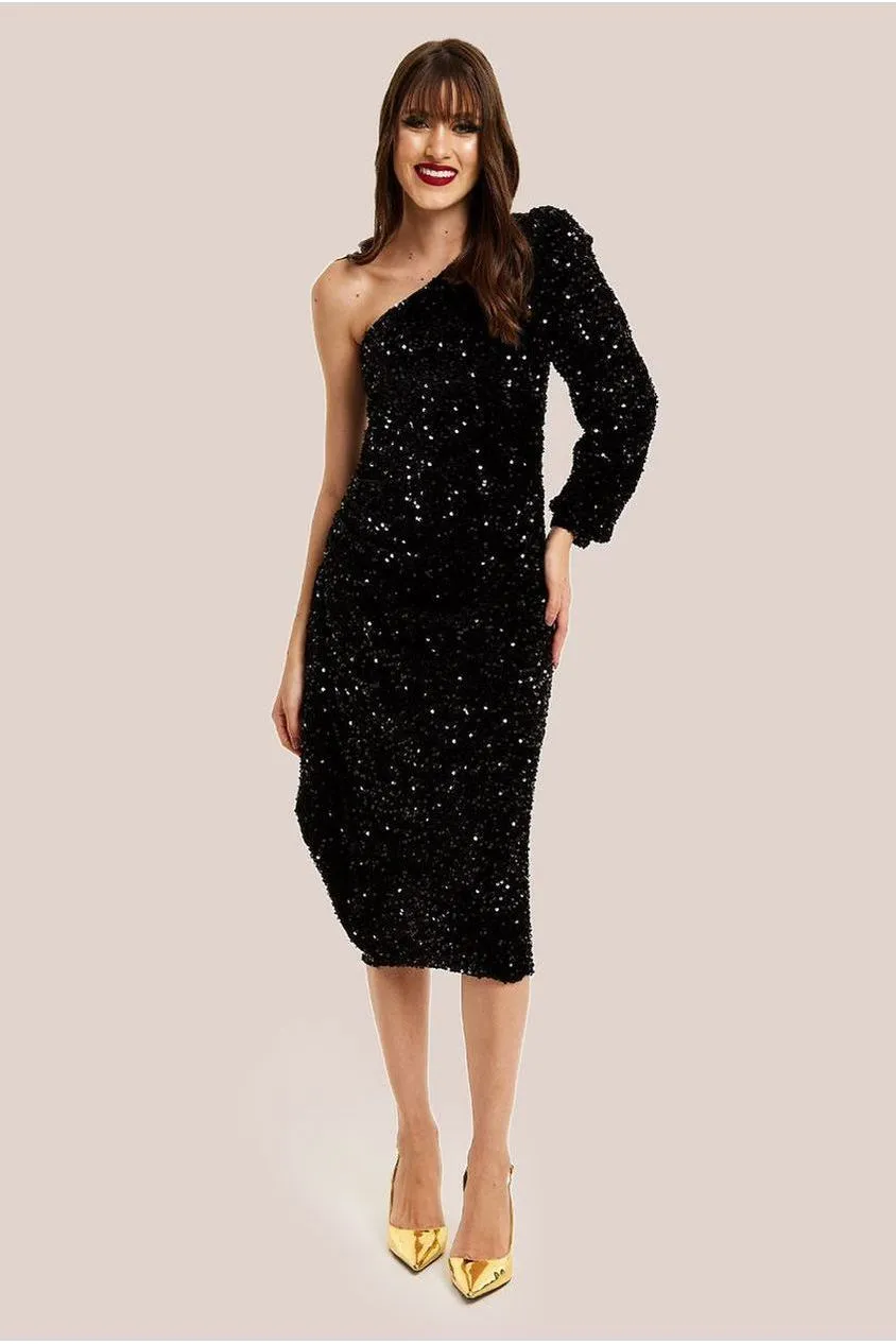 Liquorish One Shoulder abito midi velluto paillettes nero