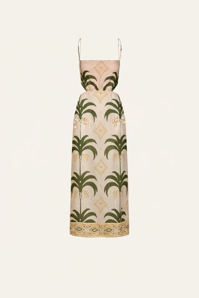 Johanna Ortiz Tactile Winds abito lino ecru-verde cut-out