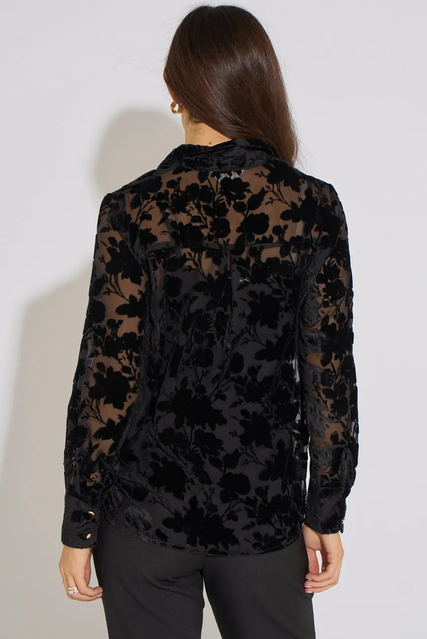 Gini London Black Floral Burnout camicia nera maniche lunghe