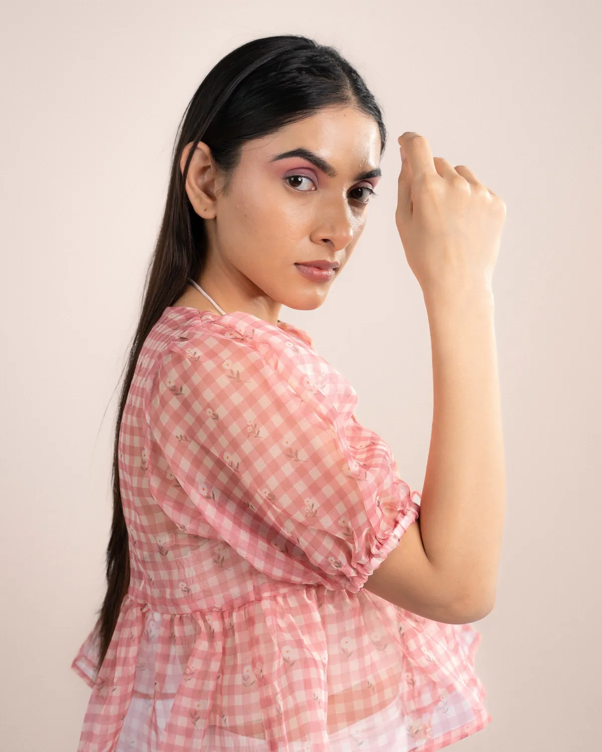 Our Dve Noe top rosa quadretti organza
