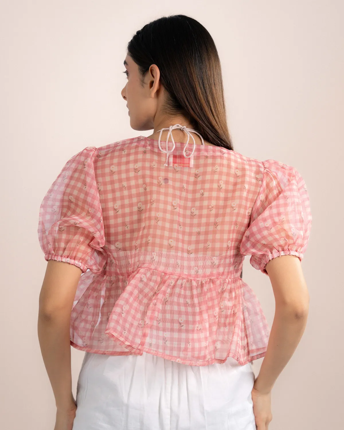 Our Dve Noe top rosa quadretti organza