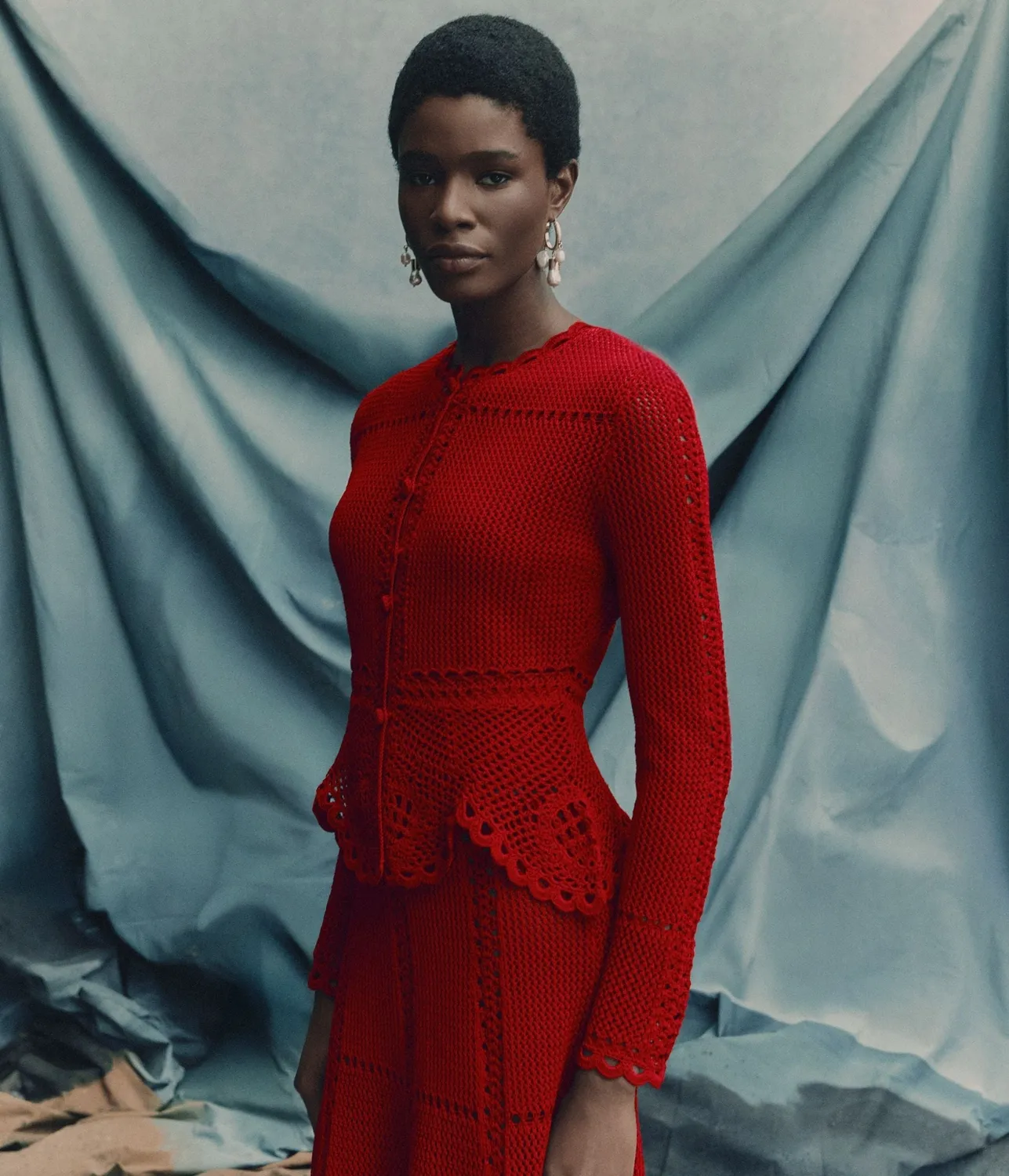 Erdem Cardigan Peplum Uncinetto Cotone Rosso