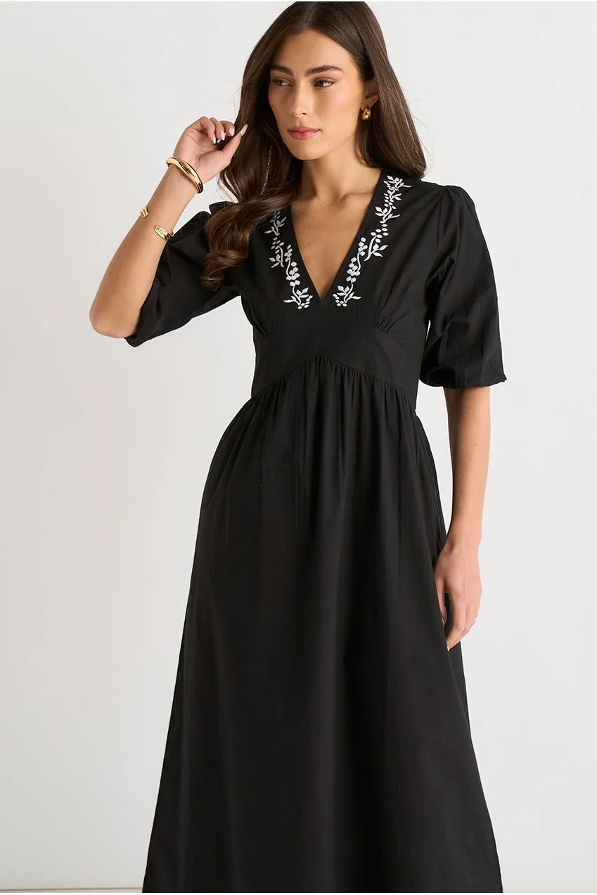 Gini London abito midi cotone ricamato nero maniche a sbuffo