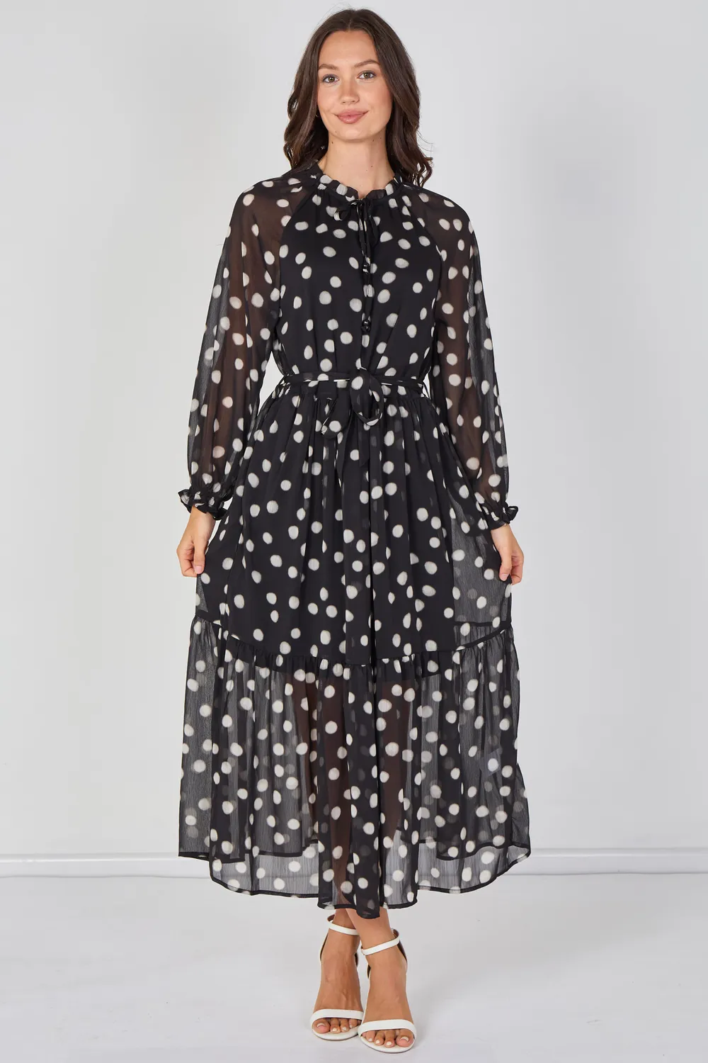 Love Sunshine abito maxi chiffon nero pois con cintura