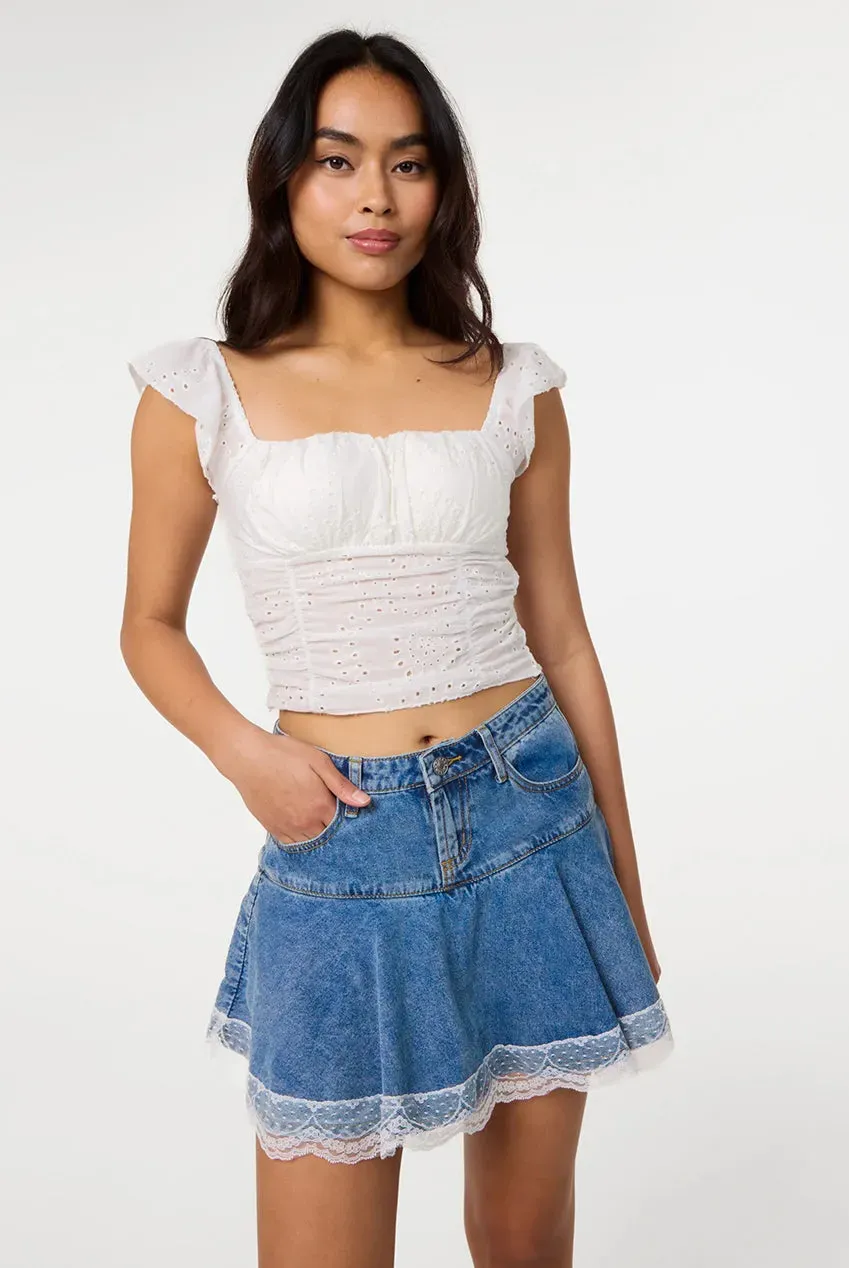 Pink Vanilla top bianco broderie volant cotone scollo cuore