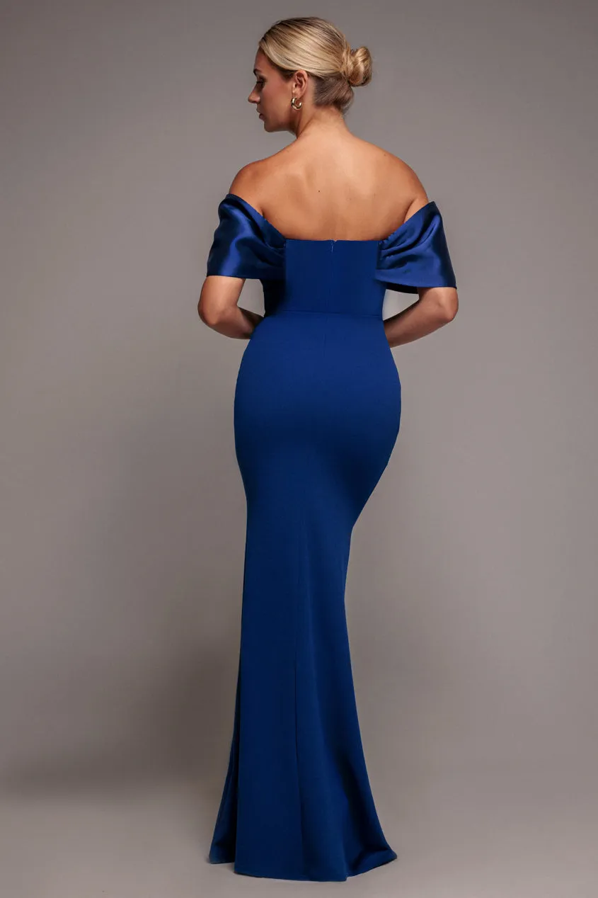 Goddiva Bardot Twist Knot abito maxi blu royal scuba